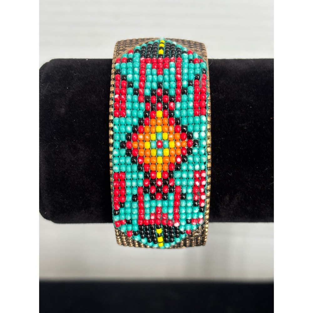 Boho Seed Bead Stretch Cuff Bracelet Antique Gold Tone Geometric Southwestern